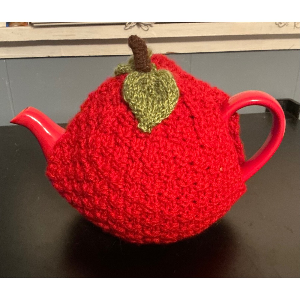 Handmade Crochet Apple Teapot Cozy Red with Green Leaves Stem Kitchen Decor